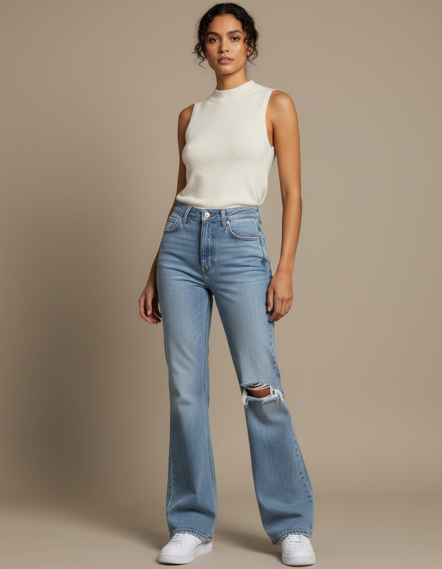 Pantalon Patte D'Éléphant Bleu Déchiré Taille Haute Denim - Jean