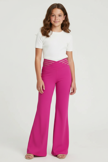 Pantalon Patte D'Éléphant Fuchsia Taille Haute Évasé Élégant - Rose Polyester