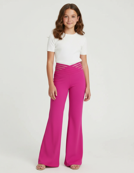 Pantalon Patte D'Éléphant Fuchsia Taille Haute Évasé Élégant - Rose Polyester