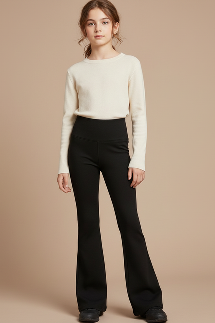 Pantalon Patte D'Éléphant Noir Évasé Taille Haute Stretch - Polyester