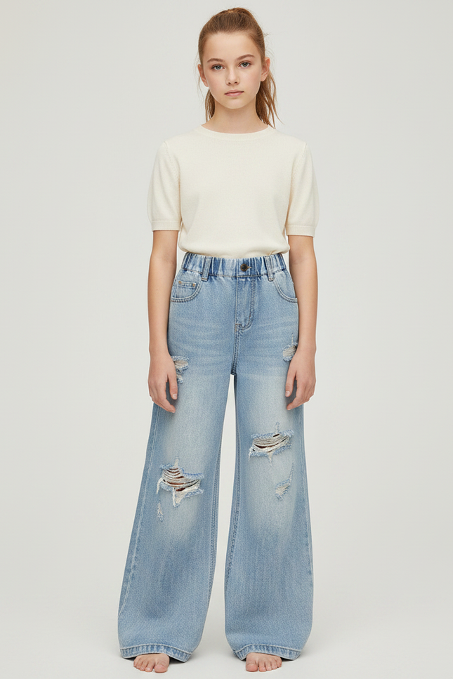 Pantalon Patte D'Éléphant Jean Bleu Déchiré Taille Élastique Large