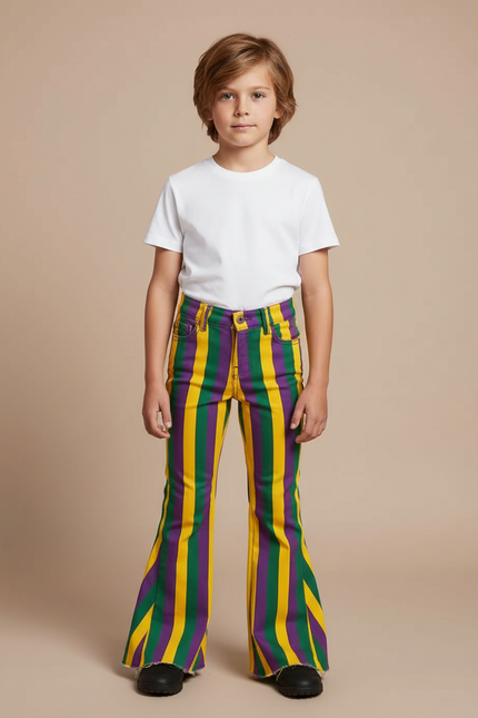 Pantalon Patte D'Éléphant Rayé Multicolore Garçon Évasé Décontracté - Jean