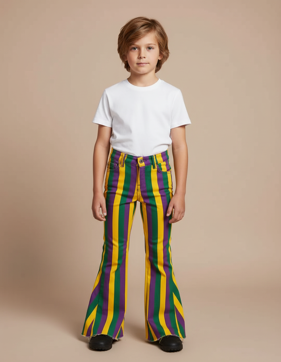 Pantalon Patte D'Éléphant Rayé Multicolore Garçon Évasé Décontracté - Jean