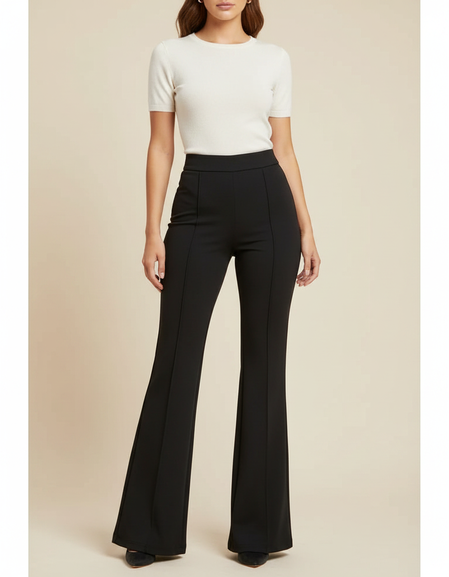 Pantalon Patte D'Éléphant Noir Taille Haute Slim Fluide - Polyester