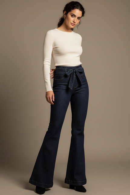 Pantalon Patte D'Éléphant Jean Bleu Taille Haute Ceinture Évasé - Marine