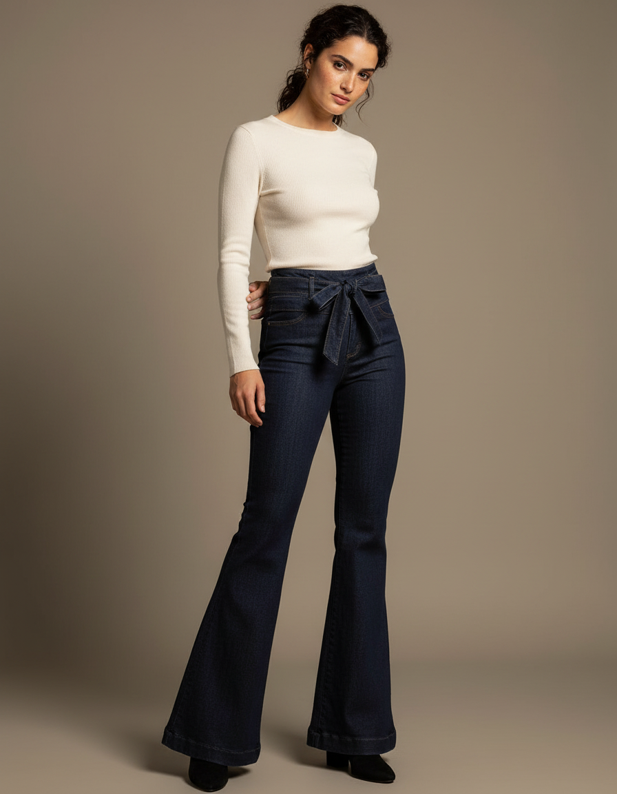 Pantalon Patte D'Éléphant Jean Bleu Taille Haute Ceinture Évasé - Marine