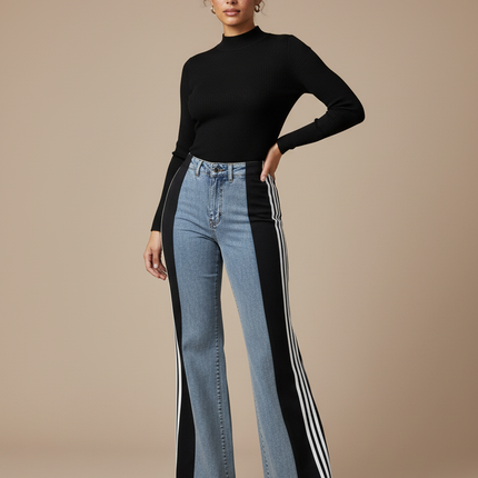 Pantalon Patte D'Éléphant Évasé Bicolore Bandes Latérales Denim - Multicolore Jean
