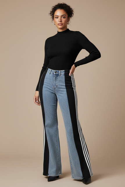 Pantalon Patte D'Éléphant Évasé Bicolore Bandes Latérales Denim - Multicolore Jean