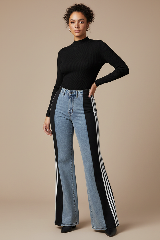 Pantalon Patte D'Éléphant Évasé Bicolore Bandes Latérales Denim - Multicolore Jean