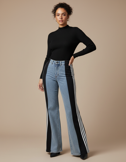 Pantalon Patte D'Éléphant Évasé Bicolore Bandes Latérales Denim - Multicolore Jean