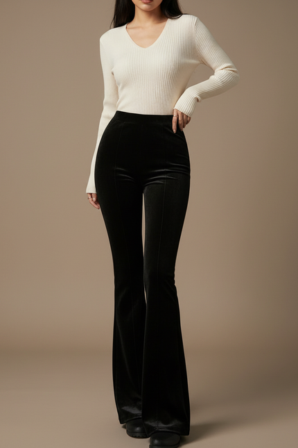 Pantalon Patte D'Éléphant Velours Noir Taille Haute Évasé