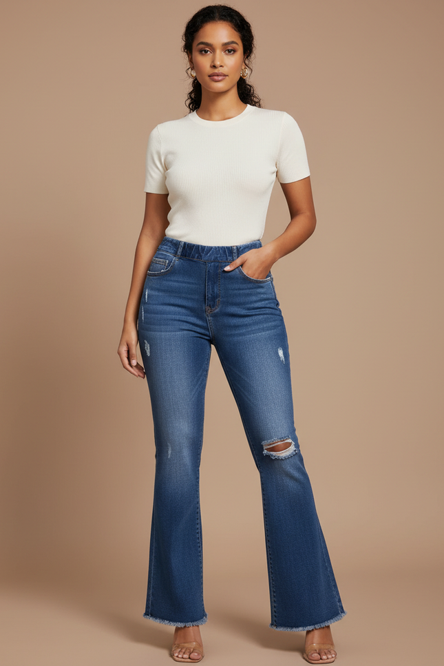 Pantalon Patte D'Éléphant Jean Bleu Délavé Déchiré Élastique