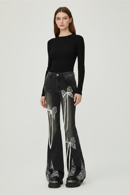 Pantalon Patte D'Éléphant Noir Délavé Lacets Imprimé Papillon - Jean
