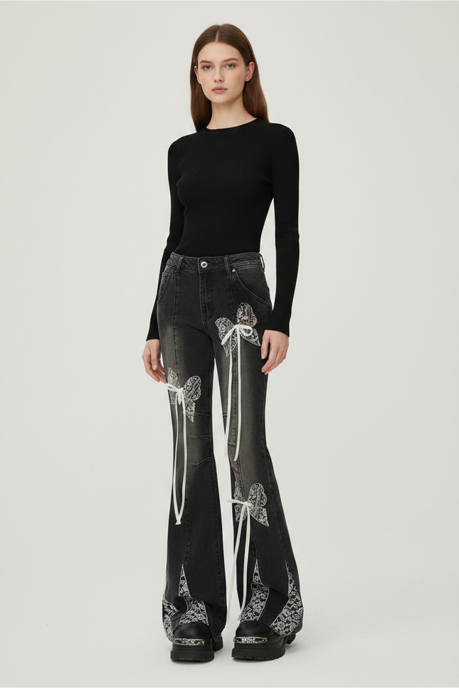 Pantalon Patte D'Éléphant Noir Délavé Lacets Imprimé Papillon - Jean