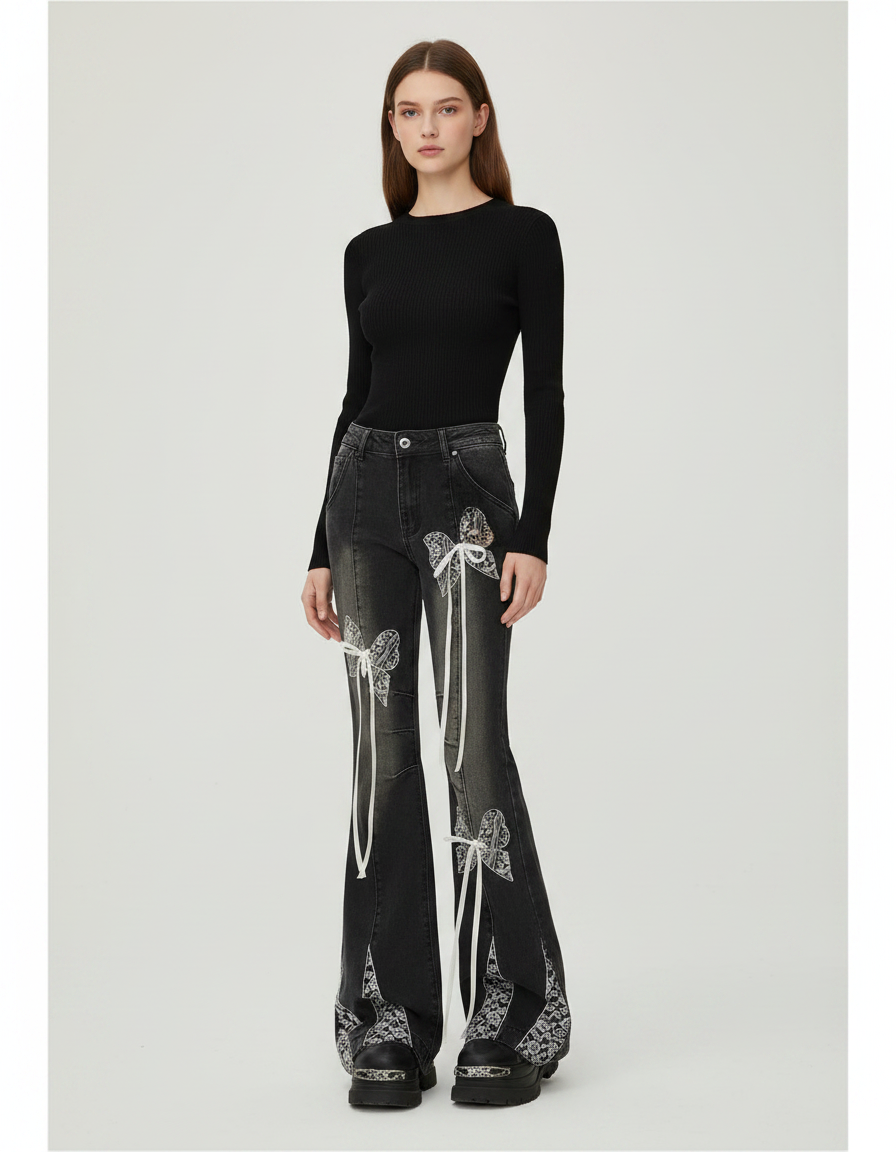 Pantalon Patte D'Éléphant Noir Délavé Lacets Imprimé Papillon - Jean