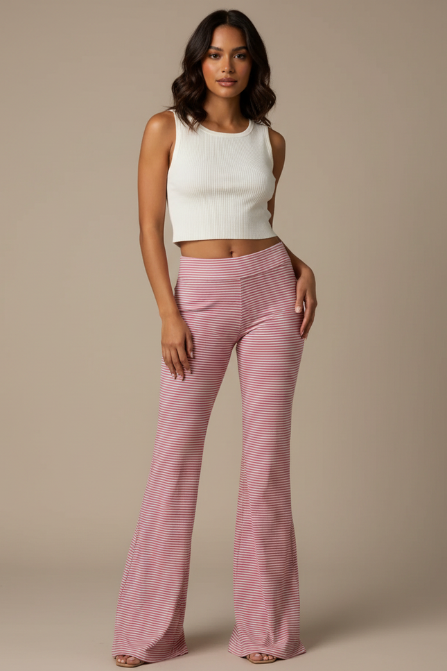Pantalon Patte D'Éléphant Rayé Rouge Blanc Taille Haute Évasé - Maille