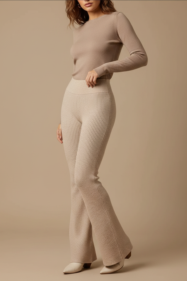Pantalon Patte D'Éléphant Beige Côtelé Tricoté Confortable Évasé - Maille