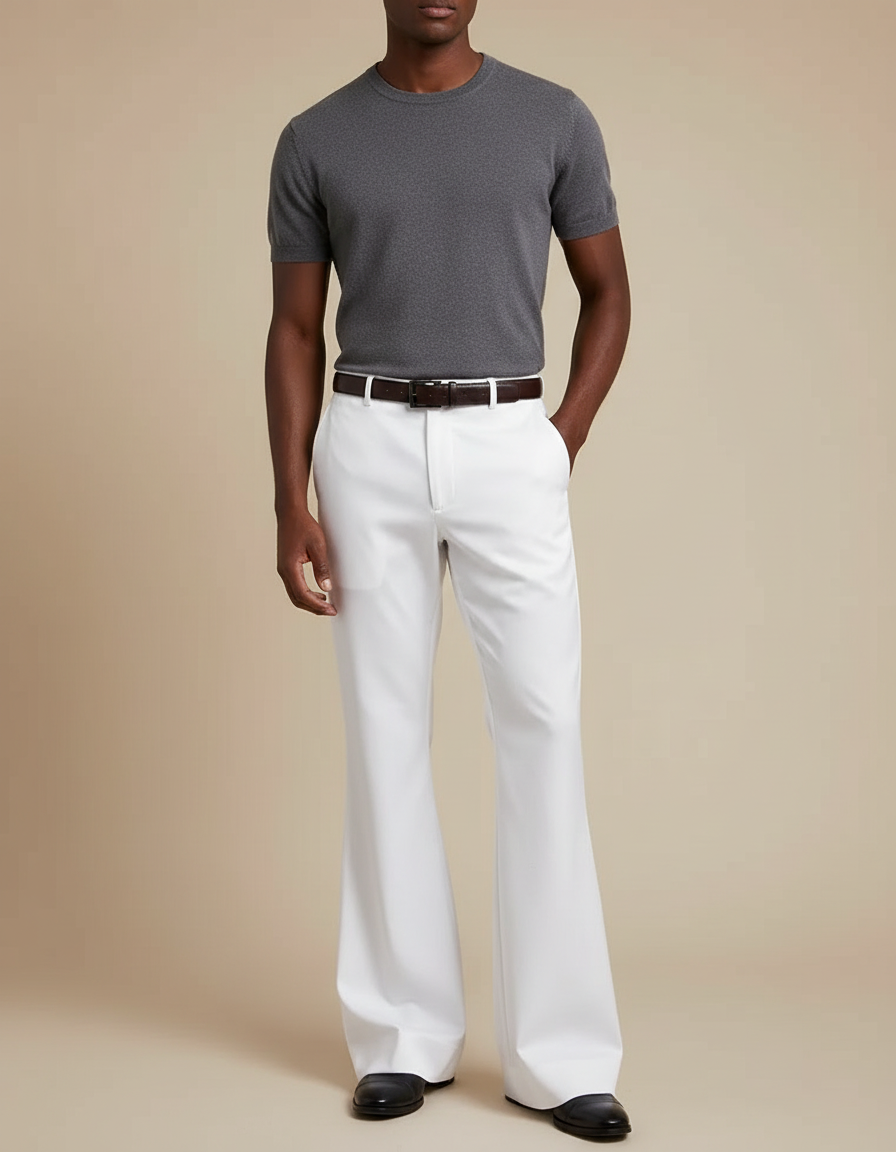 Pantalon Patte D'Éléphant Blanc Évasé Homme Élégant Décontracté - Gabardine