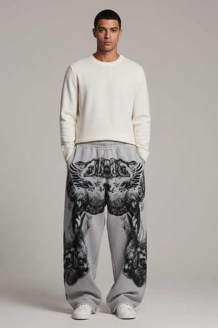 Pantalon Patte D'Éléphant Gris Gothique Coton Ample Imprimé - Molleton