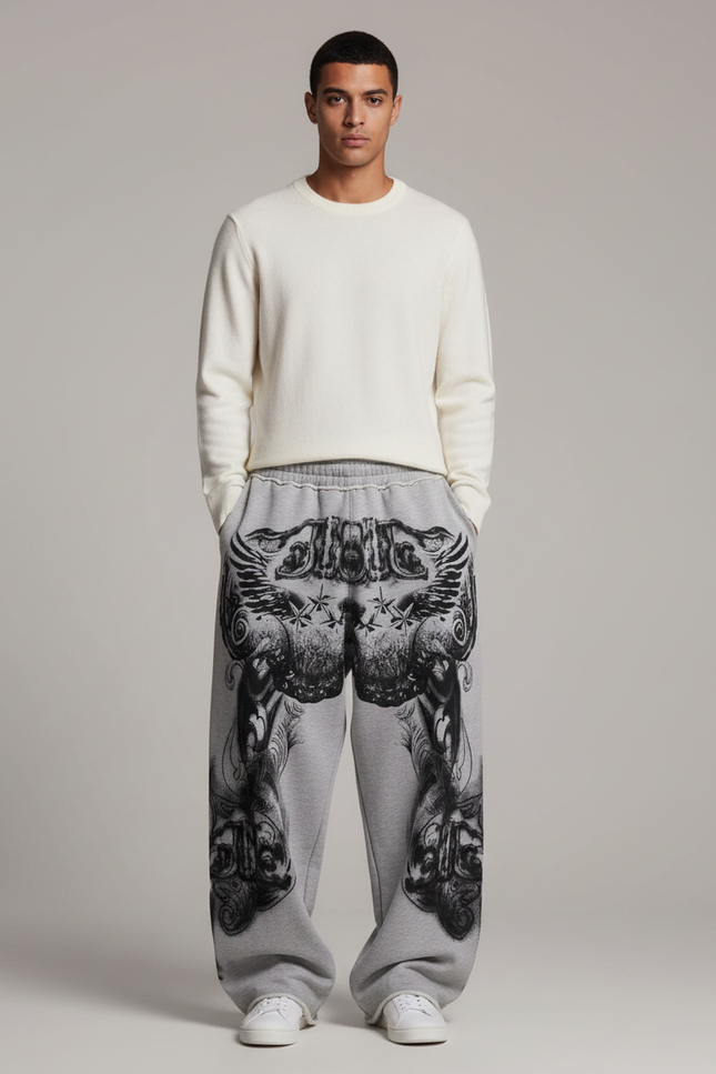 Pantalon Patte D'Éléphant Gris Gothique Coton Ample Imprimé - Molleton