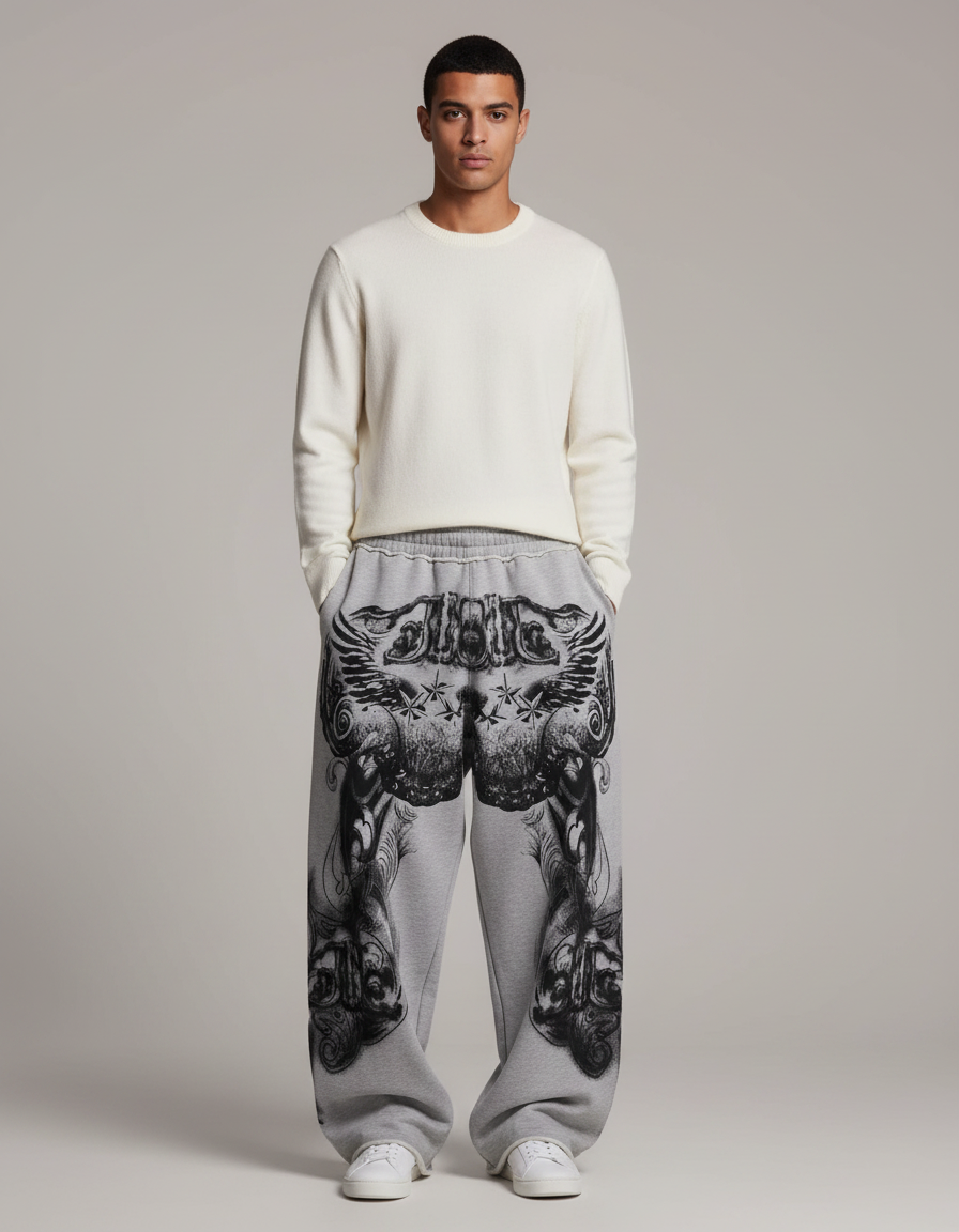 Pantalon Patte D'Éléphant Gris Gothique Coton Ample Imprimé - Molleton