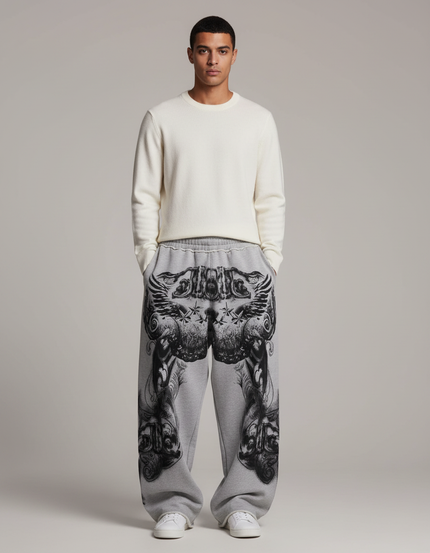 Pantalon Patte D'Éléphant Gris Gothique Coton Ample Imprimé - Molleton