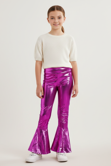 Pantalon Patte D'Éléphant Fushia Brillant Métallisé Évasé Fille - Rose Polyester