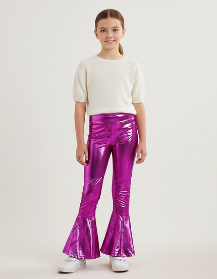 Pantalon Patte D'Éléphant Fushia Brillant Métallisé Évasé Fille - Rose Polyester