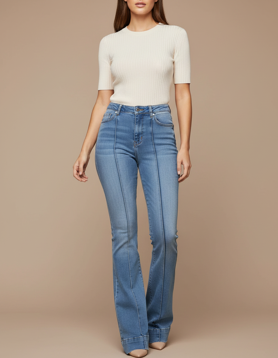 Pantalon Patte D'Éléphant Bleu Jean Taille Haute Évasé