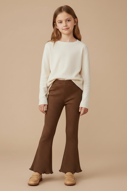 Pantalon Patte D'Éléphant Marron Côtelé Évasé Confortable Fille - Maille