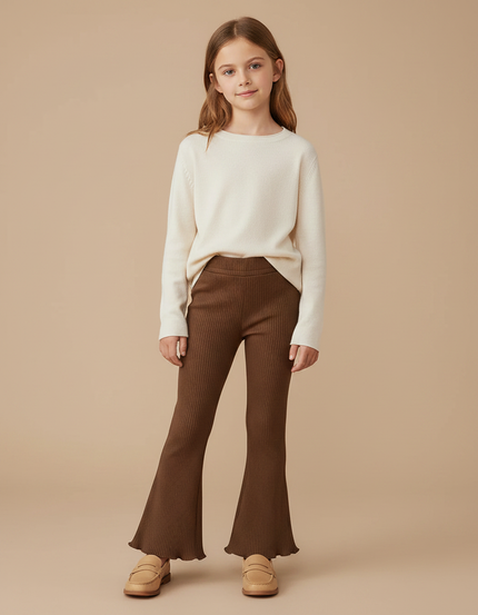 Pantalon Patte D'Éléphant Marron Côtelé Évasé Confortable Fille - Maille