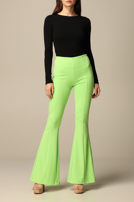 Pantalon Patte D'Éléphant Vert Fluorescent Taille Haute Évasé - Polyester