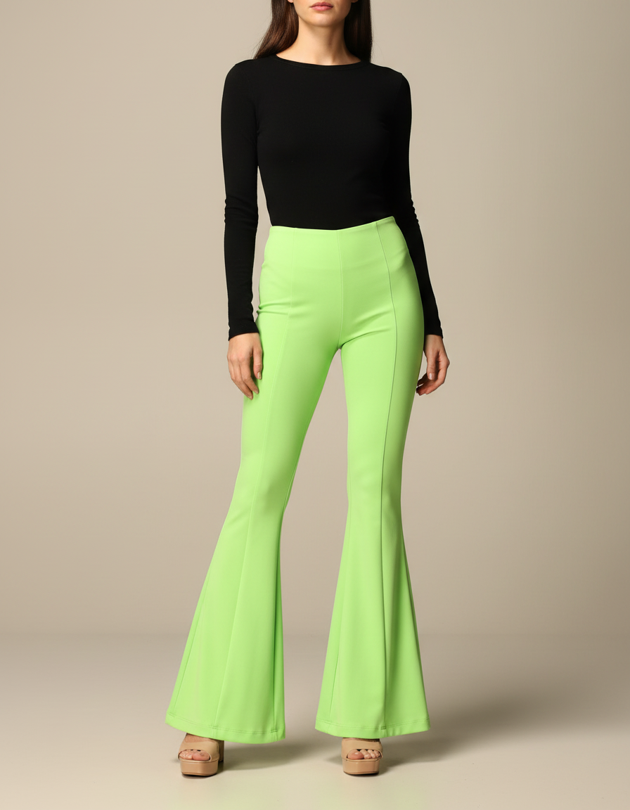 Pantalon Patte D'Éléphant Vert Fluorescent Taille Haute Évasé - Polyester