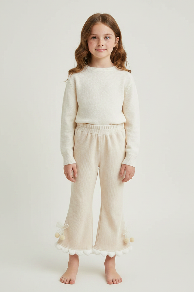 Pantalon Patte D'Éléphant Crème Tricot Pompons Fille Confortable - Beige Maille