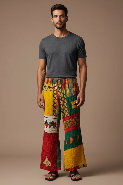 Pantalon Patte D'Éléphant Ethnique Imprimé Coloré Ample Lin - Multicolore