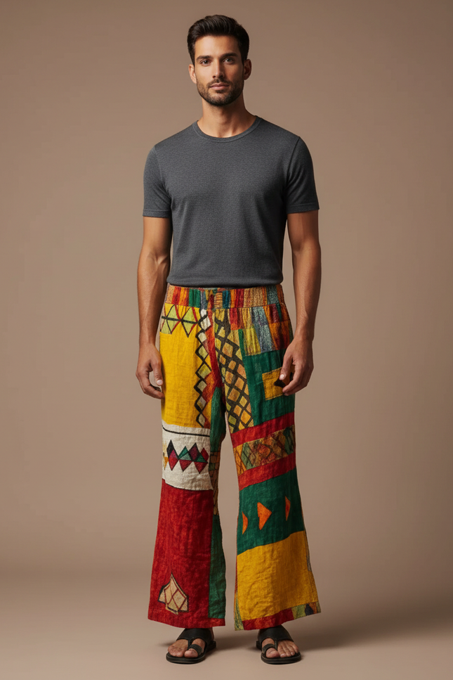Pantalon Patte D'Éléphant Ethnique Imprimé Coloré Ample Lin - Multicolore