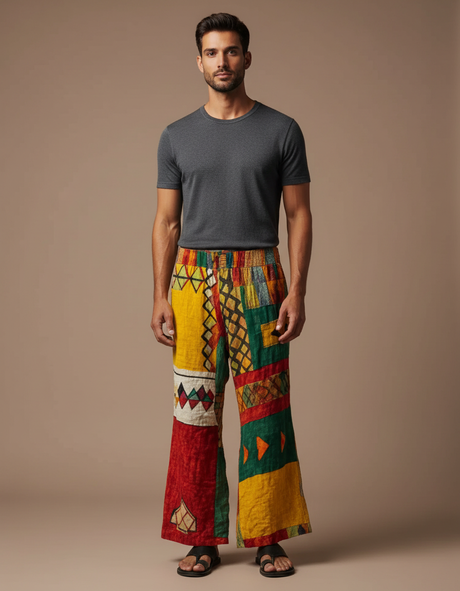 Pantalon Patte D'Éléphant Ethnique Imprimé Coloré Ample Lin - Multicolore