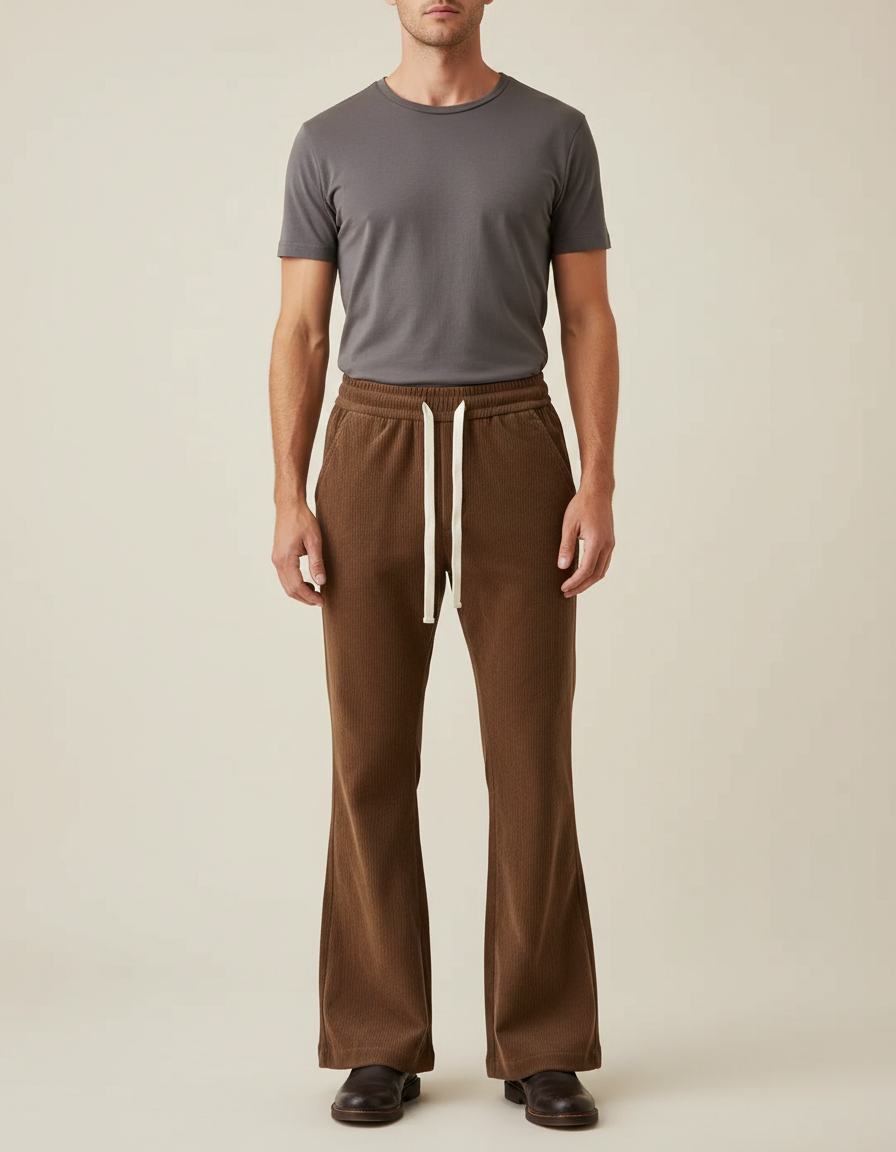 Pantalon Patte D'Éléphant Côtelé Marron Décontracté Homme Ample - Cordé