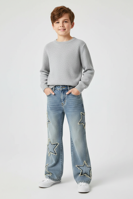 Pantalon Patte D'Éléphant Jean Étoiles Brutes Garçon Ample - Bleu