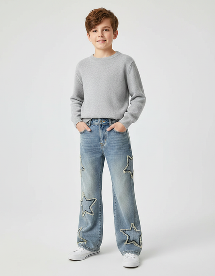Pantalon Patte D'Éléphant Jean Étoiles Brutes Garçon Ample - Bleu