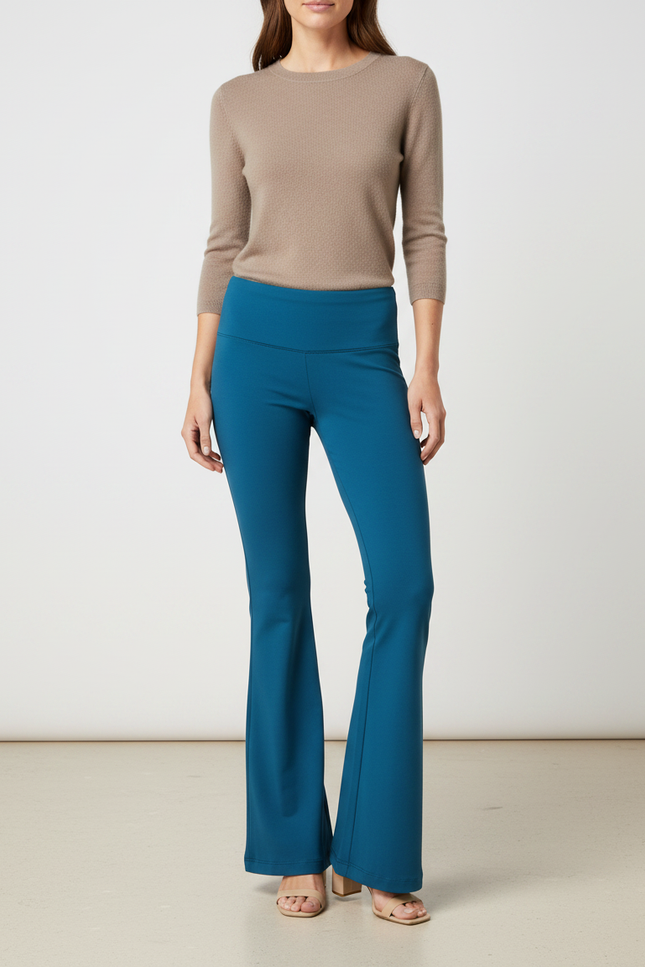 Pantalon Patte D'Éléphant Bleu Canard Taille Haute Évasé - Maille