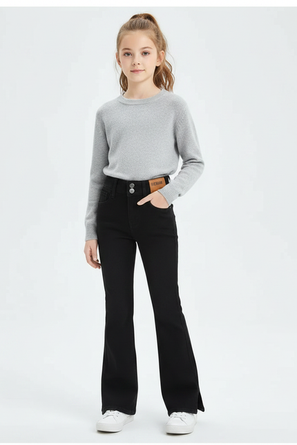 Pantalon Patte D'Éléphant Noir Fendu Denim Taille Haute Fille - Jean