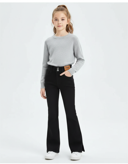 Pantalon Patte D'Éléphant Noir Fendu Denim Taille Haute Fille - Jean