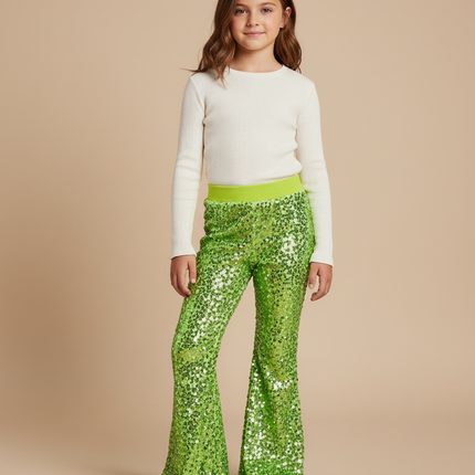 Pantalon Patte D'Éléphant Vert Paillettes Évasé Confortable Fille - Maille