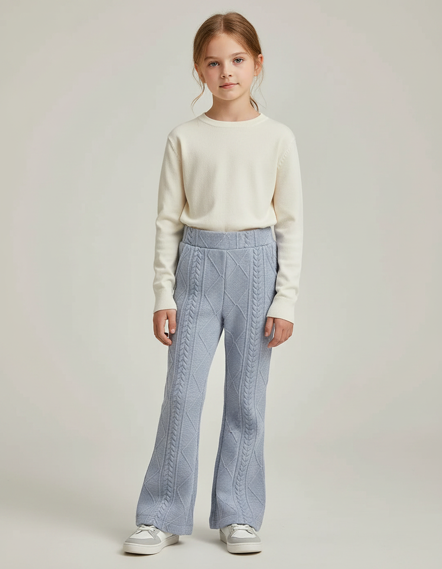 Pantalon Patte D'Éléphant Bleu Ciel Tricoté Torsadé Fille - Maille