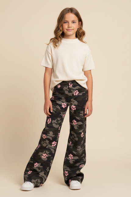 Pantalon Patte D'Éléphant Camouflage Rose Évasé Imprimé Pattes - Toile