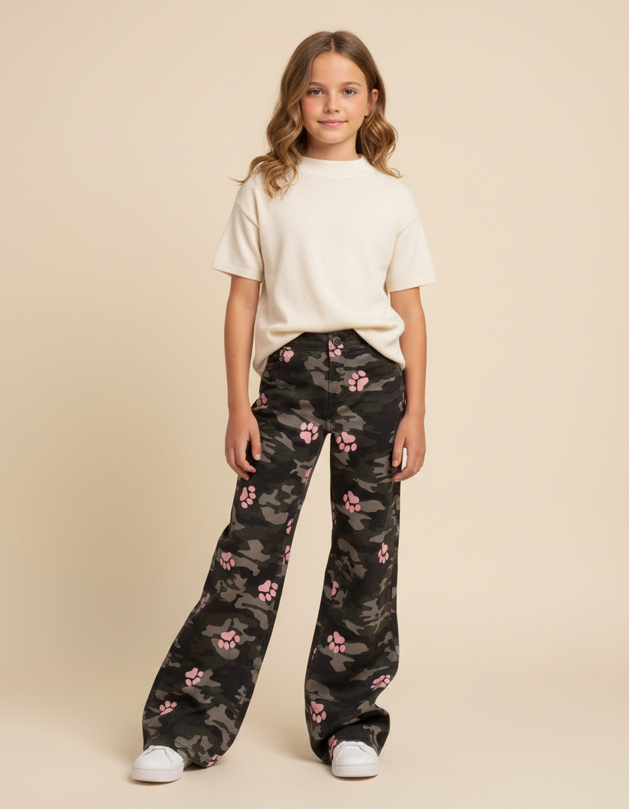 Pantalon Patte D'Éléphant Camouflage Rose Évasé Imprimé Pattes - Toile