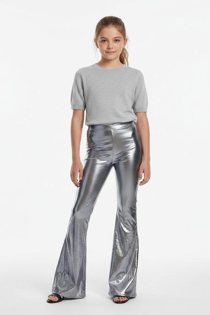 Pantalon Patte D'Éléphant Métallisé Argenté Brillant Évasé - Polyester