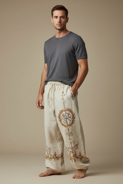 Pantalon Patte D'Éléphant Lin Ample Ethnique Brodé Homme - Beige