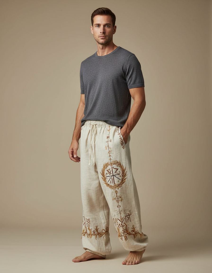 Pantalon Patte D'Éléphant Lin Ample Ethnique Brodé Homme - Beige